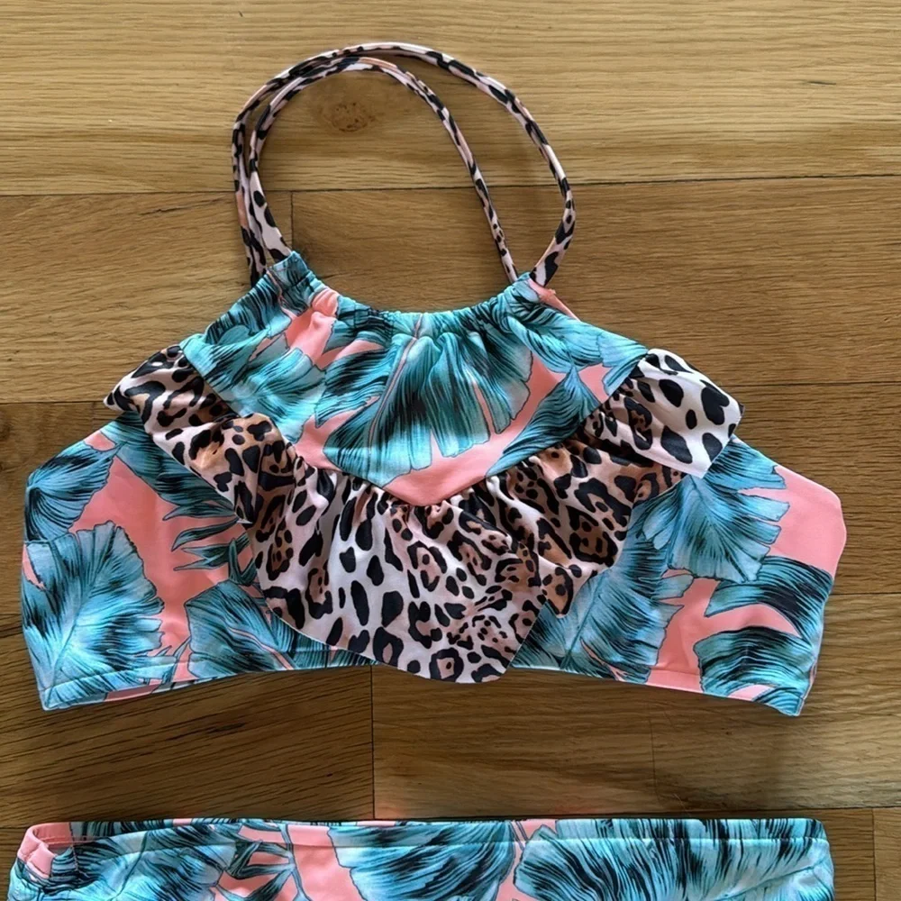 Seafolly Tropical Floral Leopard Print Two Piece Bikini Girls 12